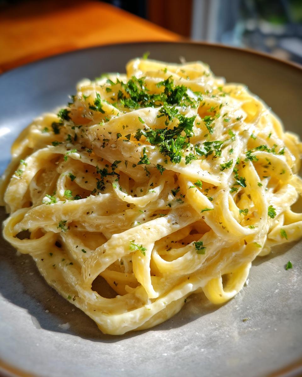 A close-up of fettuccine pasta coated in creamy Alfredo sauce, topped with fresh parsley. This is a pasta recipe that turns roasted garlic into the best Alfredo.