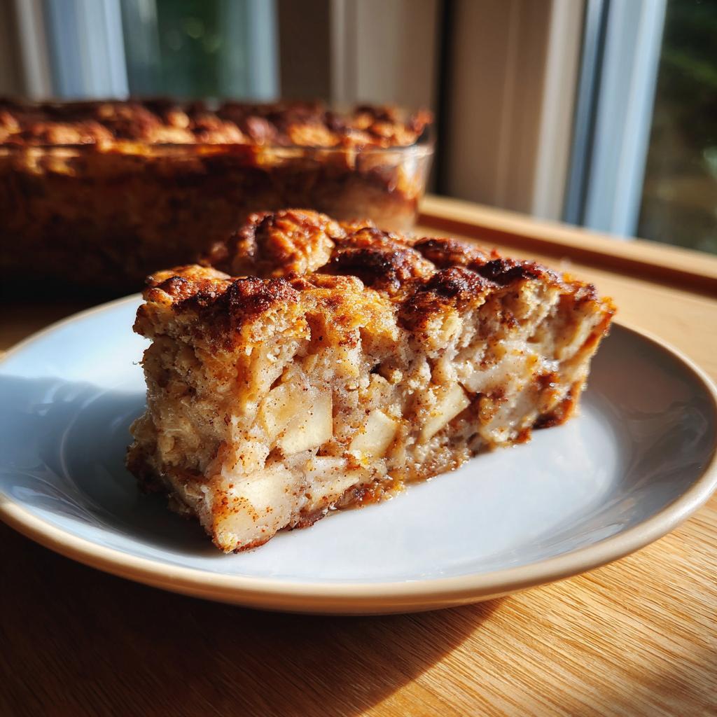 A slice of apple cinnamon baked oatmeal on a plate, showcasing chunks of apple and a cinnamon-spiced topping.