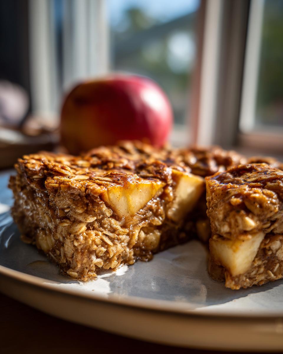 A close-up of a slice of apple cinnamon baked oatmeal, showing chunks of apple and oats.