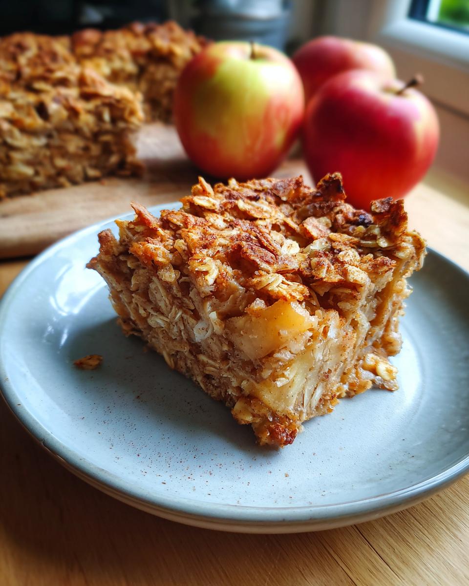 A slice of apple cinnamon baked oatmeal on a plate, with whole apples in the background.