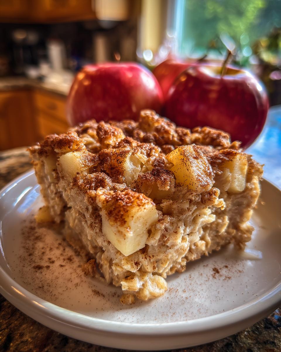 A close-up of a slice of apple cinnamon baked oatmeal, topped with cinnamon and baked apple pieces.