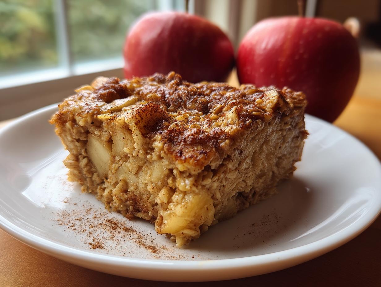 A slice of apple cinnamon baked oatmeal on a white plate, with two red apples in the background.