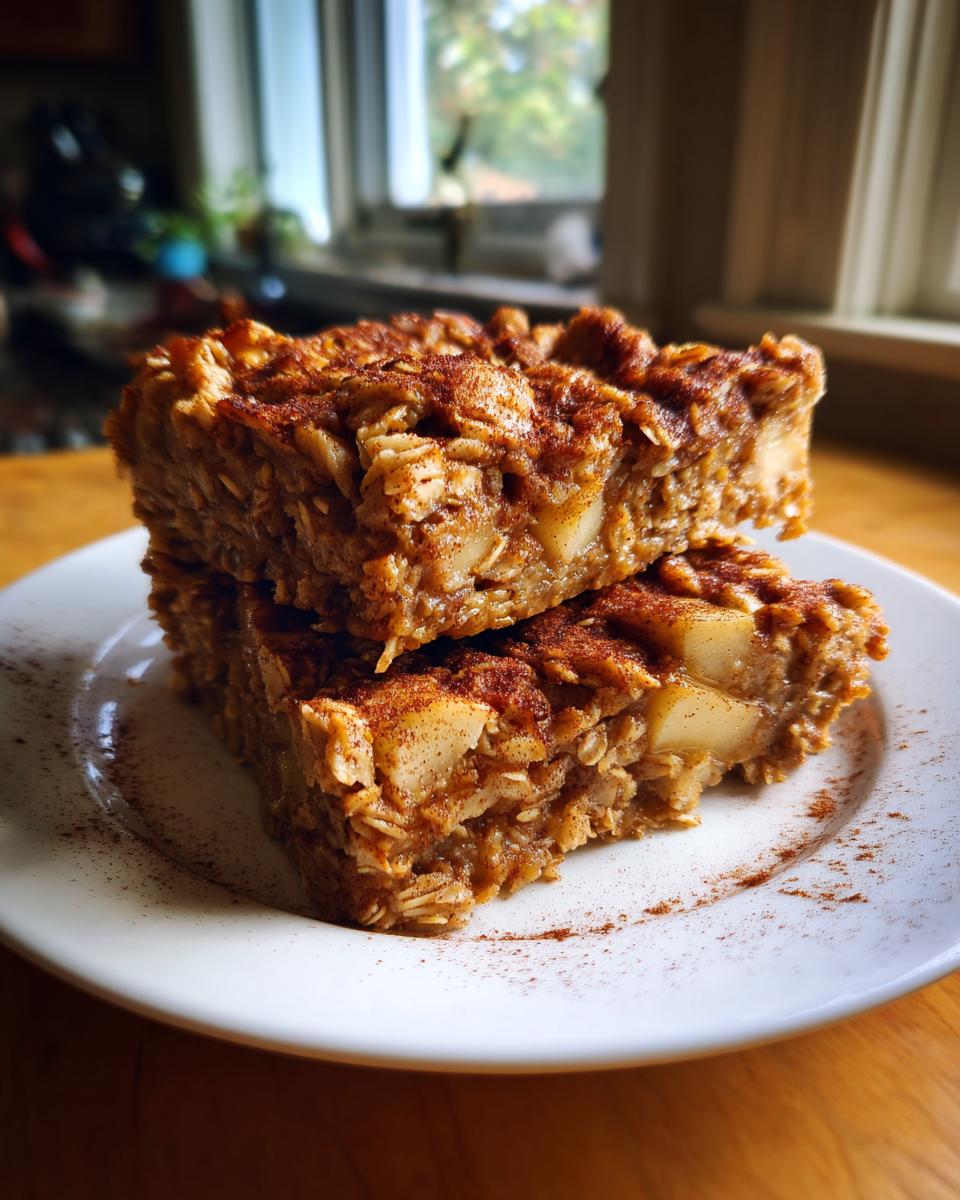 Two squares of apple cinnamon baked oatmeal, dusted with cinnamon, stacked on a white plate.