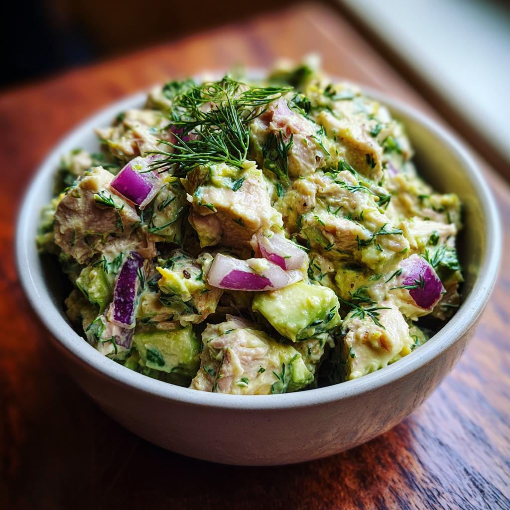 Close-up of a bowl filled with creamy avocado tuna salad, featuring chunks of tuna, avocado, red onion, and fresh dill.