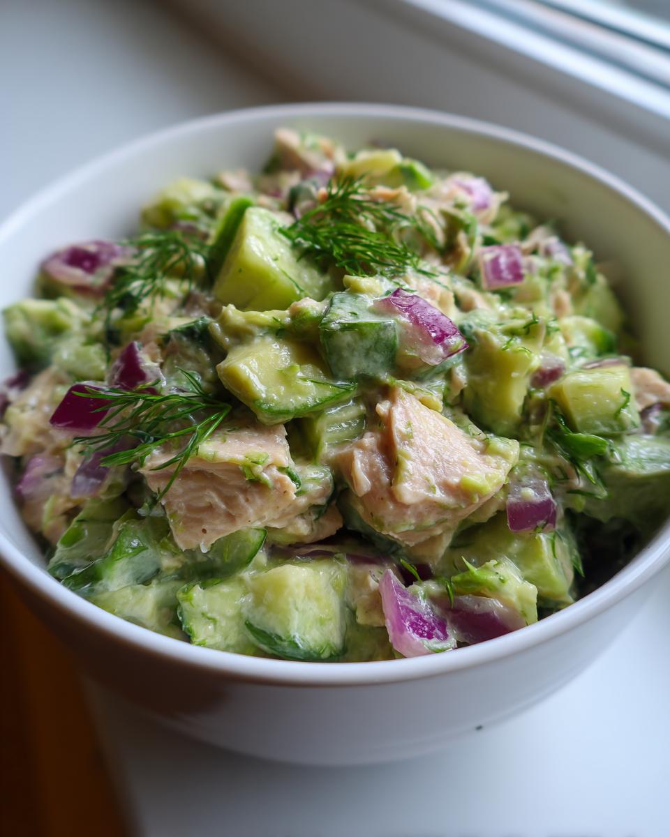 Close-up of a bowl filled with creamy avocado tuna salad, featuring chunks of tuna, avocado, red onion, and dill.
