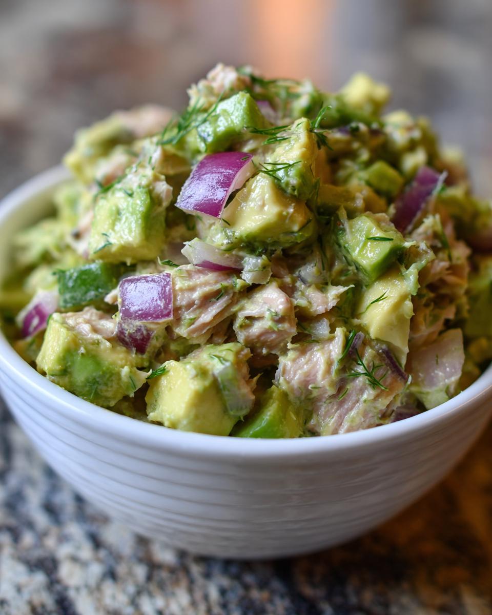 Close-up of a bowl filled with creamy avocado tuna salad, featuring chunks of avocado, tuna, red onion, and dill.