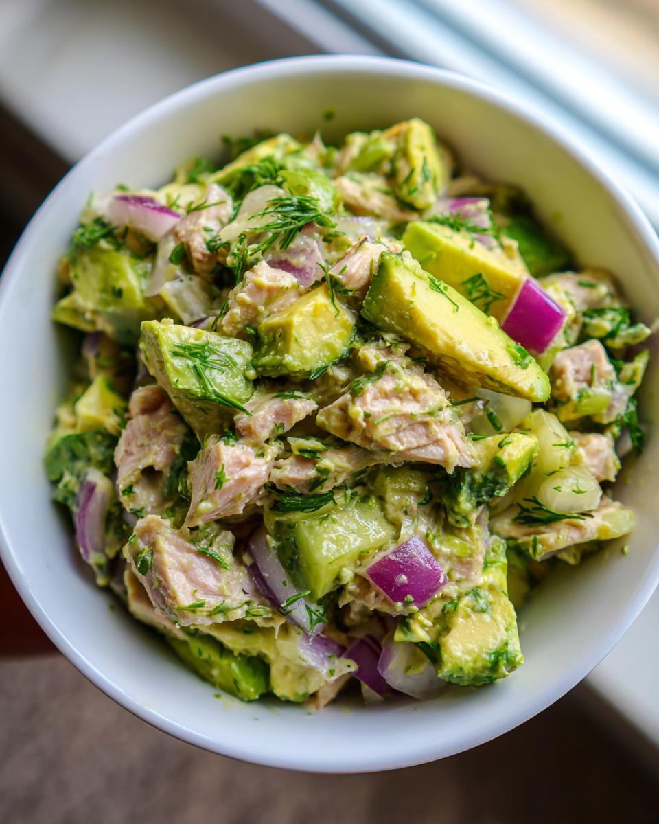 Close-up of a white bowl filled with avocado tuna salad, featuring chunks of avocado, tuna, red onion, and dill.