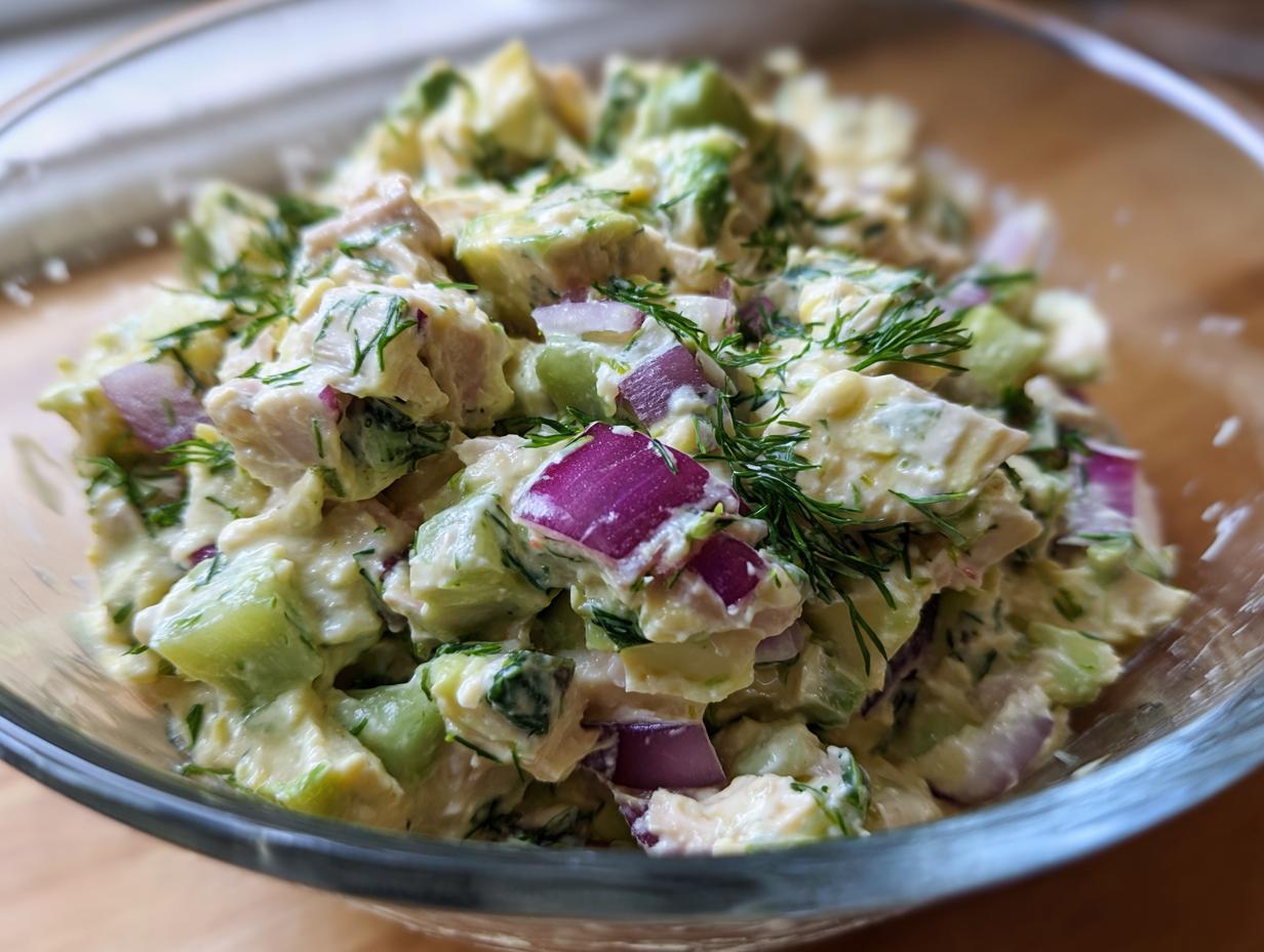 Close-up of a bowl filled with creamy avocado tuna salad, featuring chunks of tuna, avocado, red onion, and fresh dill.