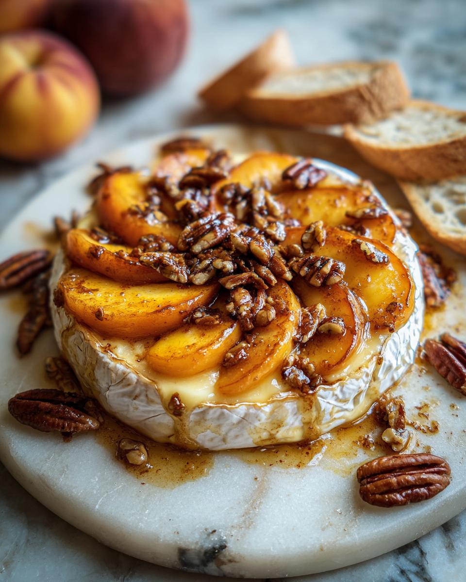 Close-up of baked brie topped with sliced peaches and toasted pecans, served with bread.