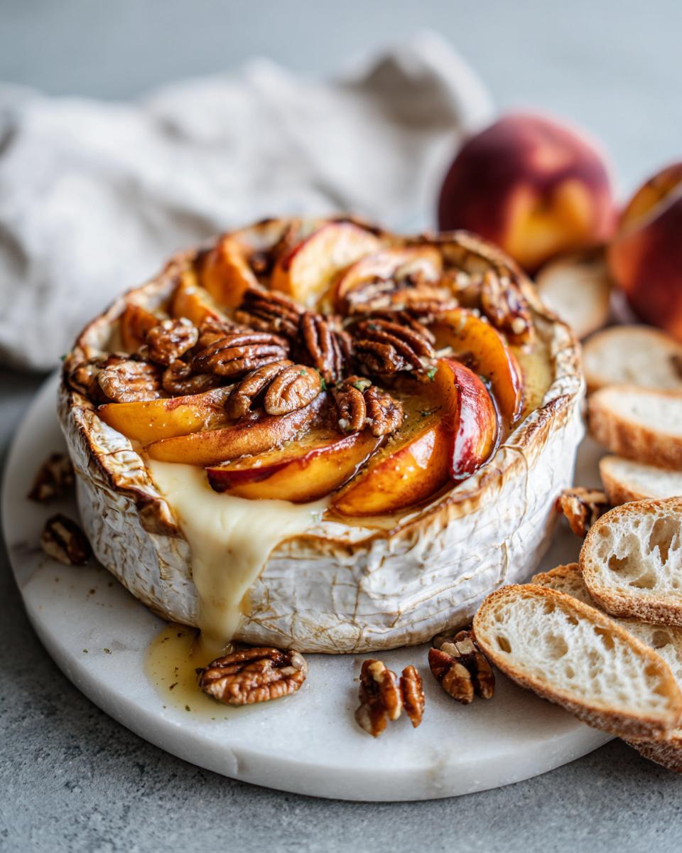 Melted baked brie topped with sliced peaches and toasted pecans, served with baguette slices.