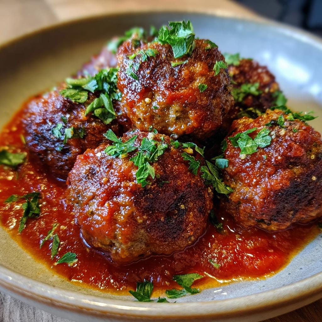 A close-up of baked meatballs in rich tomato sauce, garnished with fresh parsley, perfect for easy dinner recipes.