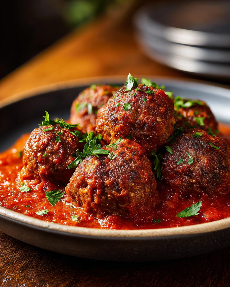 Close-up of delicious baked meatballs in a rich tomato sauce, garnished with fresh parsley, perfect for easy dinner recipes.