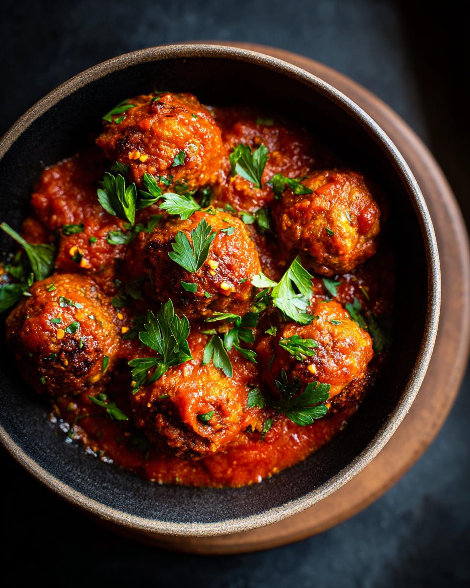 Close-up of baked meatballs in rich tomato sauce, garnished with fresh parsley. Perfect for easy dinner recipes.