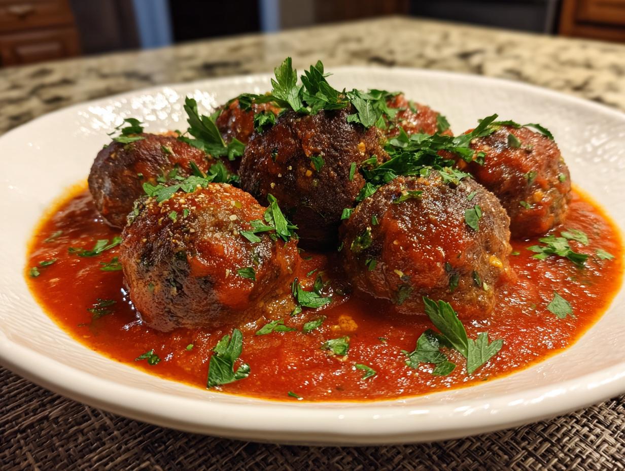 A close-up of baked meatballs in a rich tomato sauce, garnished with fresh parsley. Perfect for easy dinner recipes.