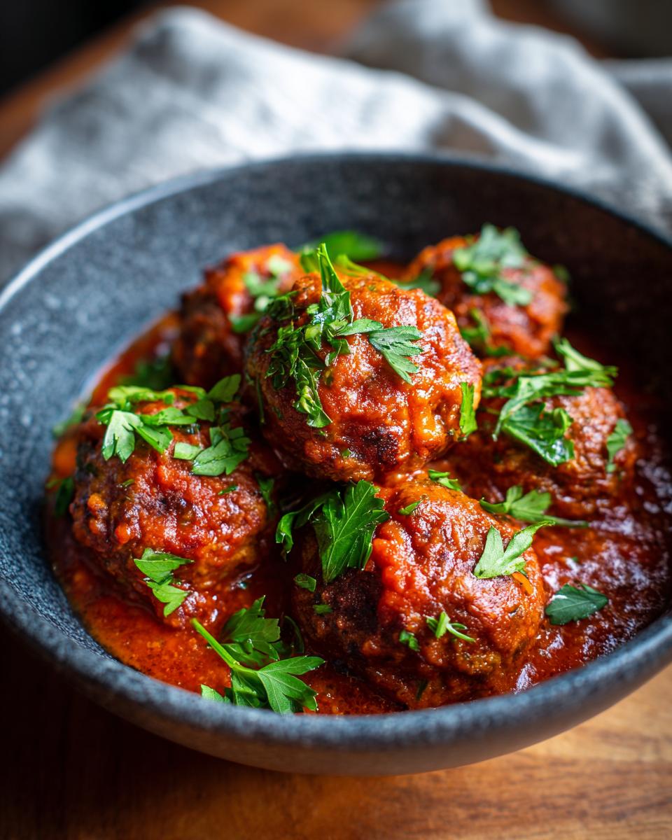 Close-up of juicy baked meatballs in a rich tomato sauce, garnished with fresh parsley. Perfect for easy dinner recipes.
