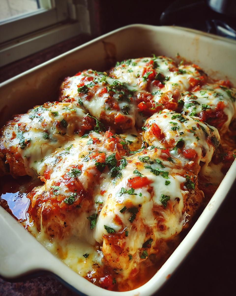 Close-up of baked chicken breasts topped with melted cheese and salsa, a delicious chicken breast recipe.