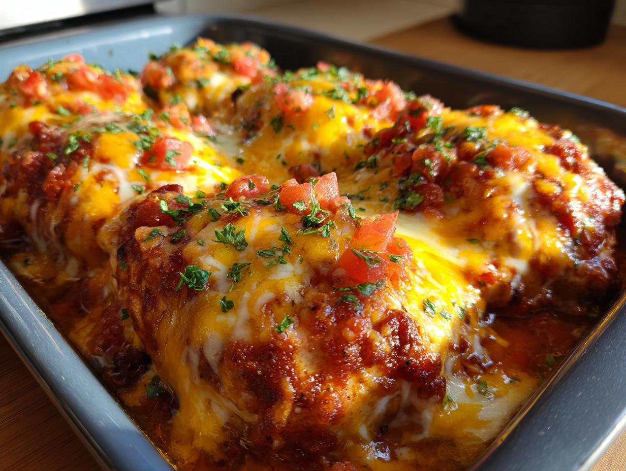 Close-up of baked chicken breasts topped with melted cheese, salsa, and fresh parsley in a baking dish.