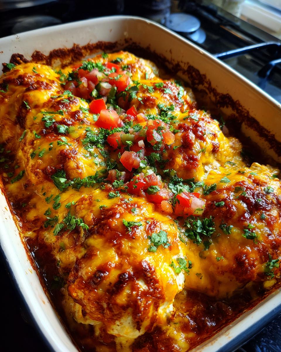 Close-up of baked salsa chicken breasts covered in melted cheese and topped with fresh salsa and cilantro.