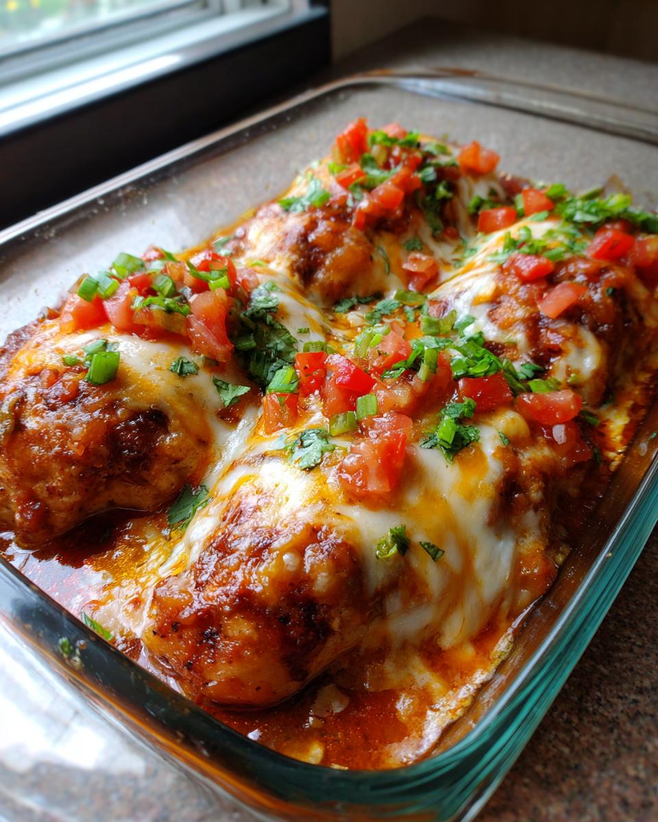 Close-up of baked salsa chicken breasts covered in melted cheese and topped with diced tomatoes and green onions.