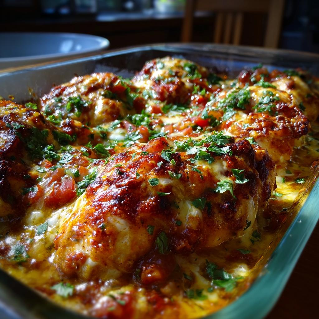 Close-up of baked salsa chicken breasts in a glass baking dish, topped with melted cheese and fresh parsley.