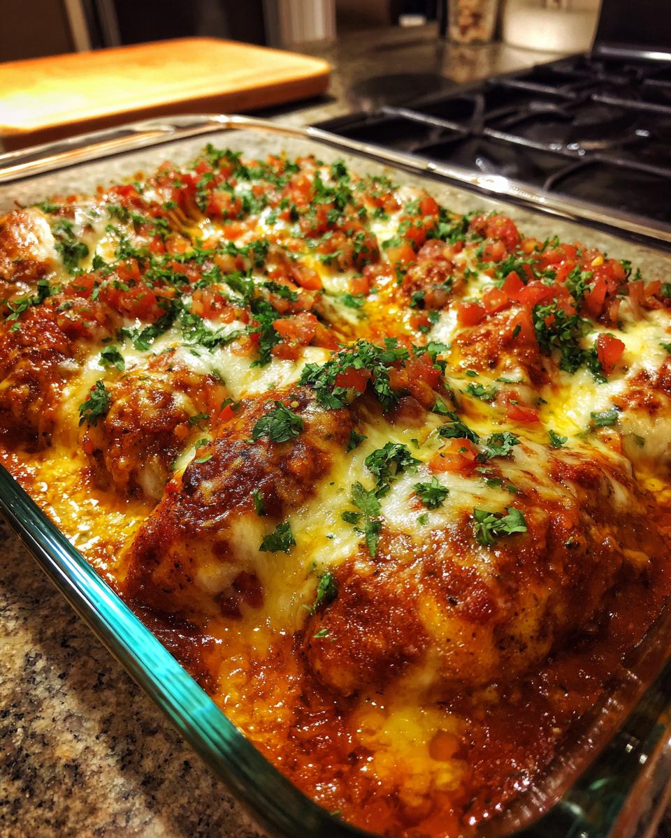 A close-up of baked salsa chicken breasts covered in melted cheese and topped with diced tomatoes and parsley.