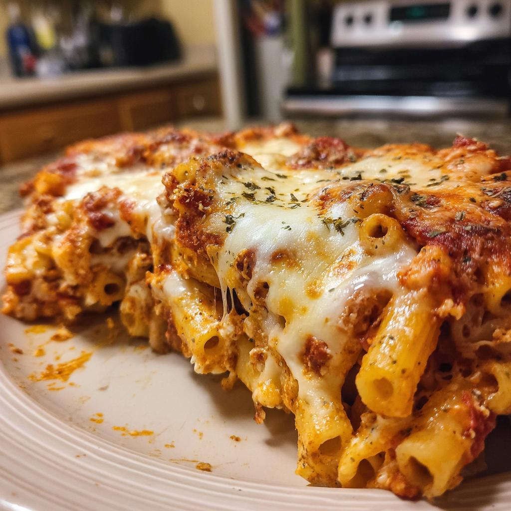 A close-up of a serving of baked ziti with three cheeses, showing melted cheese and pasta tubes.