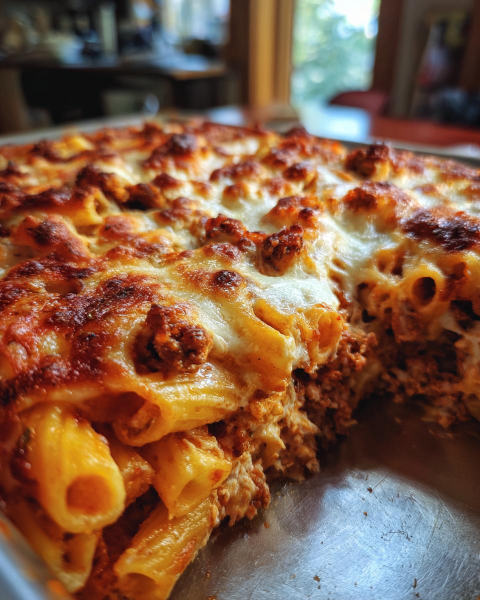 Close-up of a baked ziti pasta dish with three cheeses, showing layers of ziti pasta, meat sauce, and melted cheese.