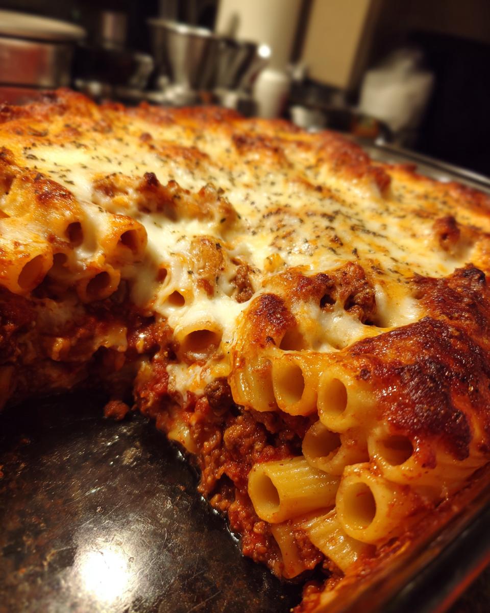 Close-up of a baked ziti with three cheeses, showing rigatoni pasta tubes filled with meat sauce and melted cheese.