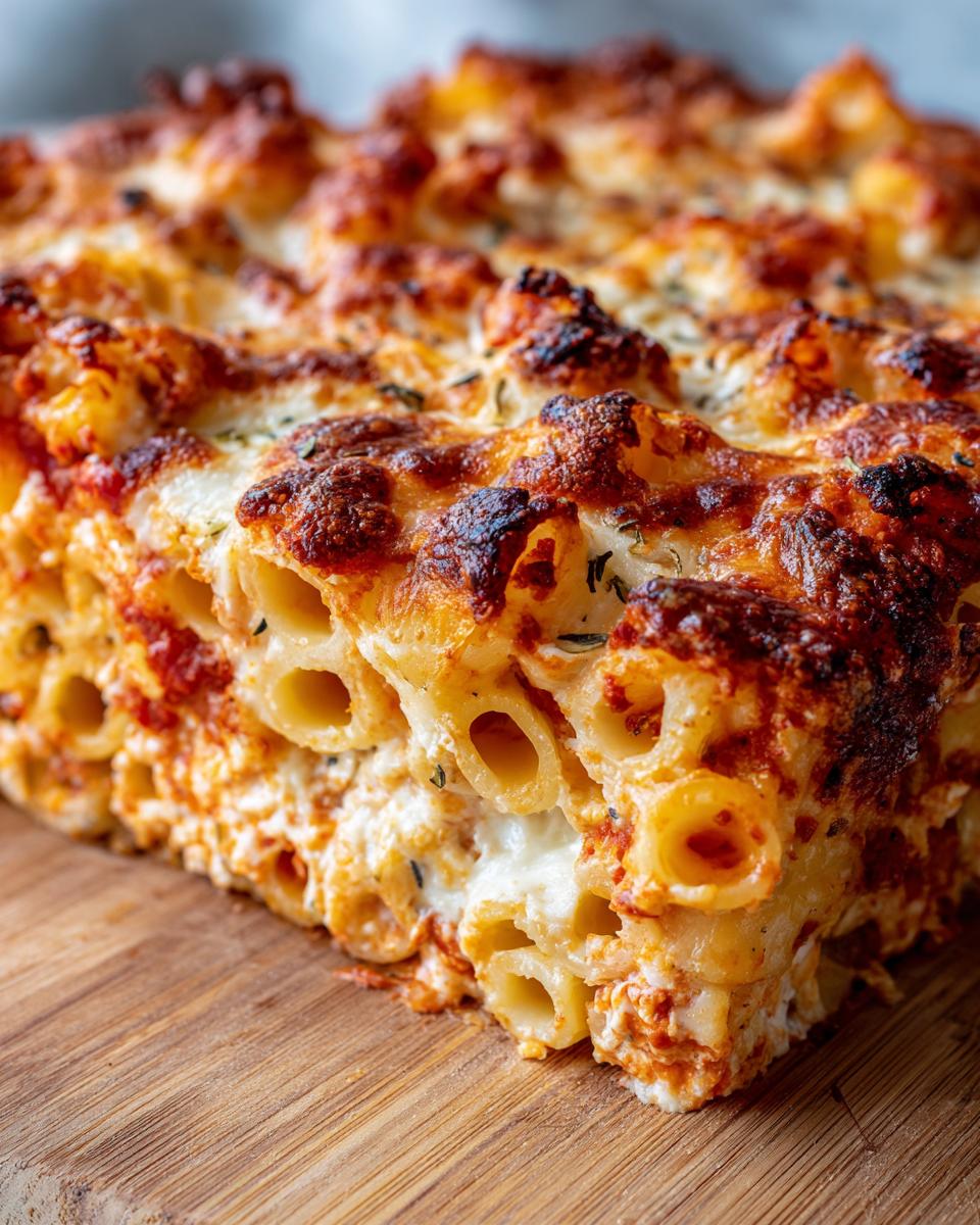 Close-up of a slice of baked ziti with three cheeses, showing layers of pasta, sauce, and melted cheese.
