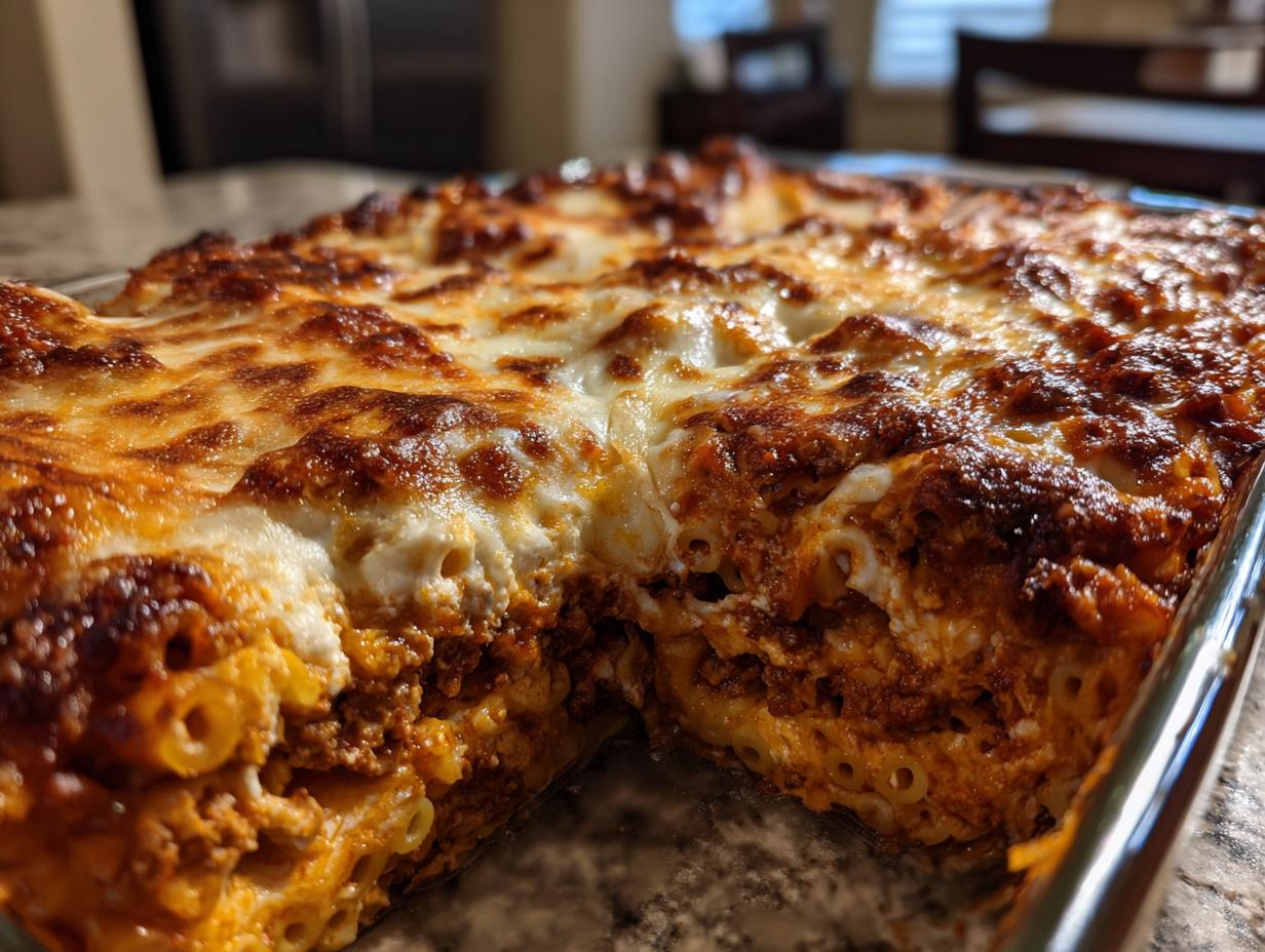 Close-up of a freshly baked ziti pasta dish with three cheeses, showing layers of pasta, meat sauce, and melted cheese.