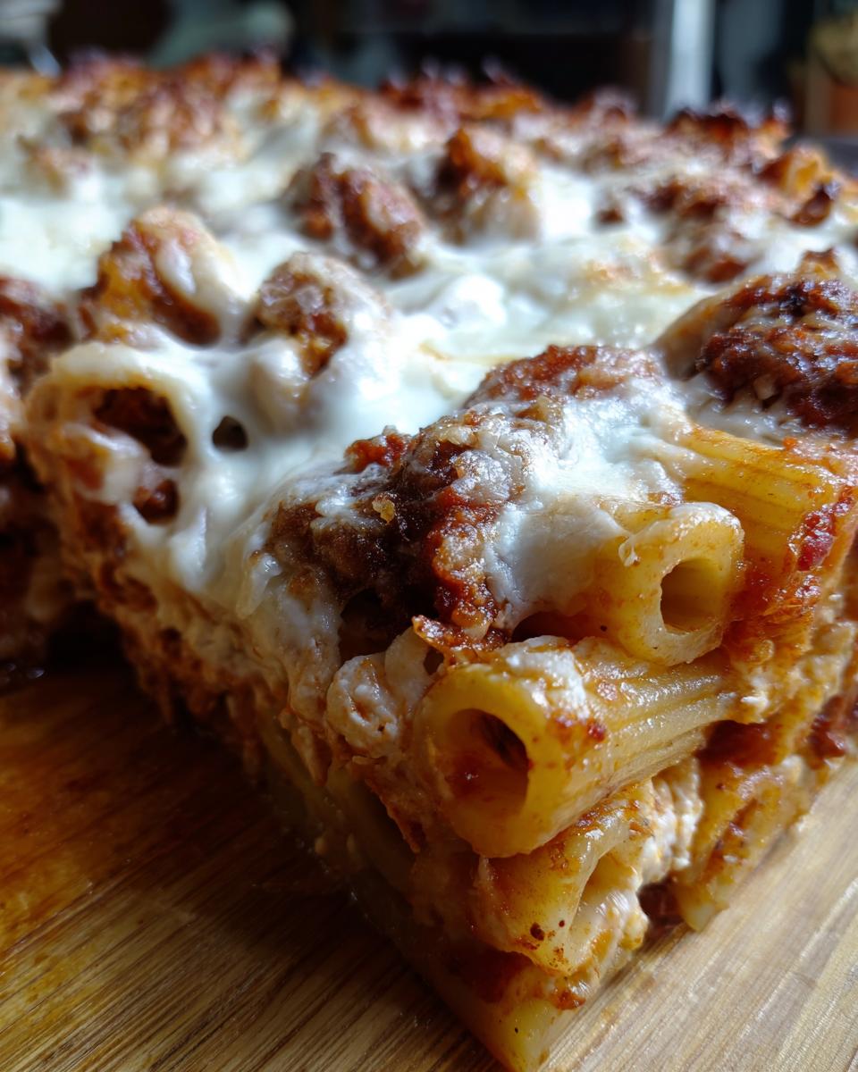 A close-up, angled view of a generous slice of baked ziti with three cheeses, showing layers of pasta, rich sauce, and melted cheese.