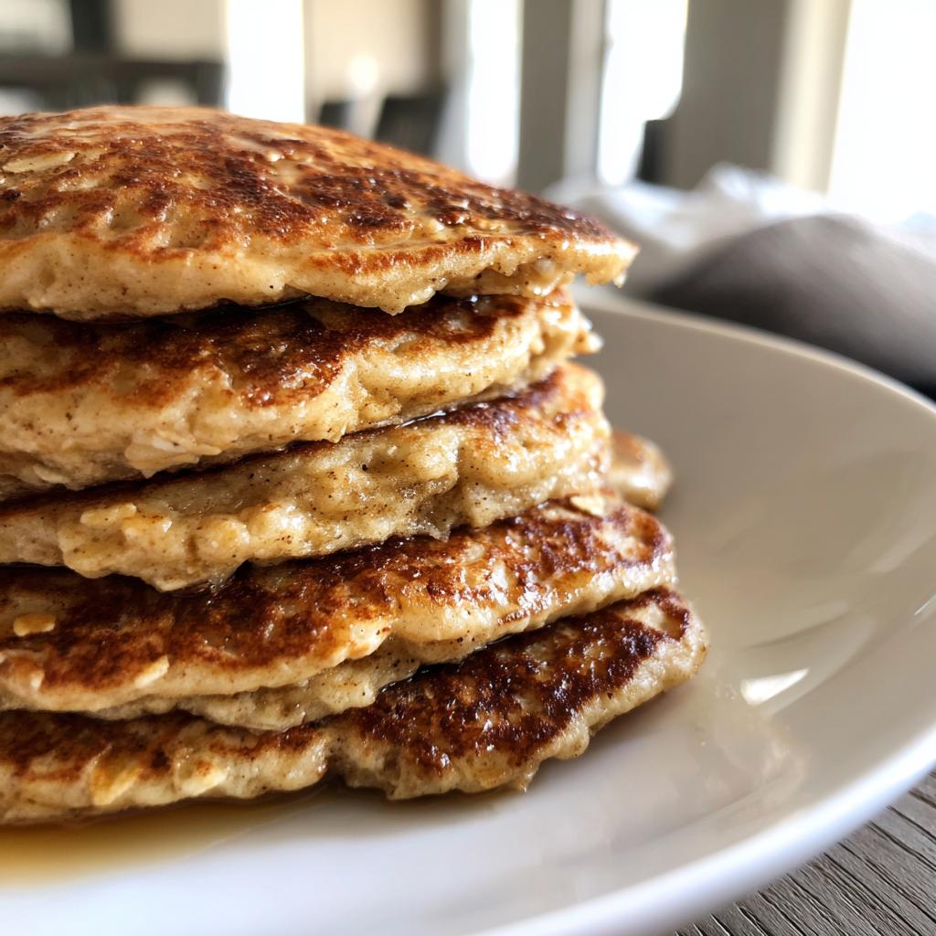 Close-up of a stack of fluffy banana oat pancakes on a white plate, ready for breakfast.