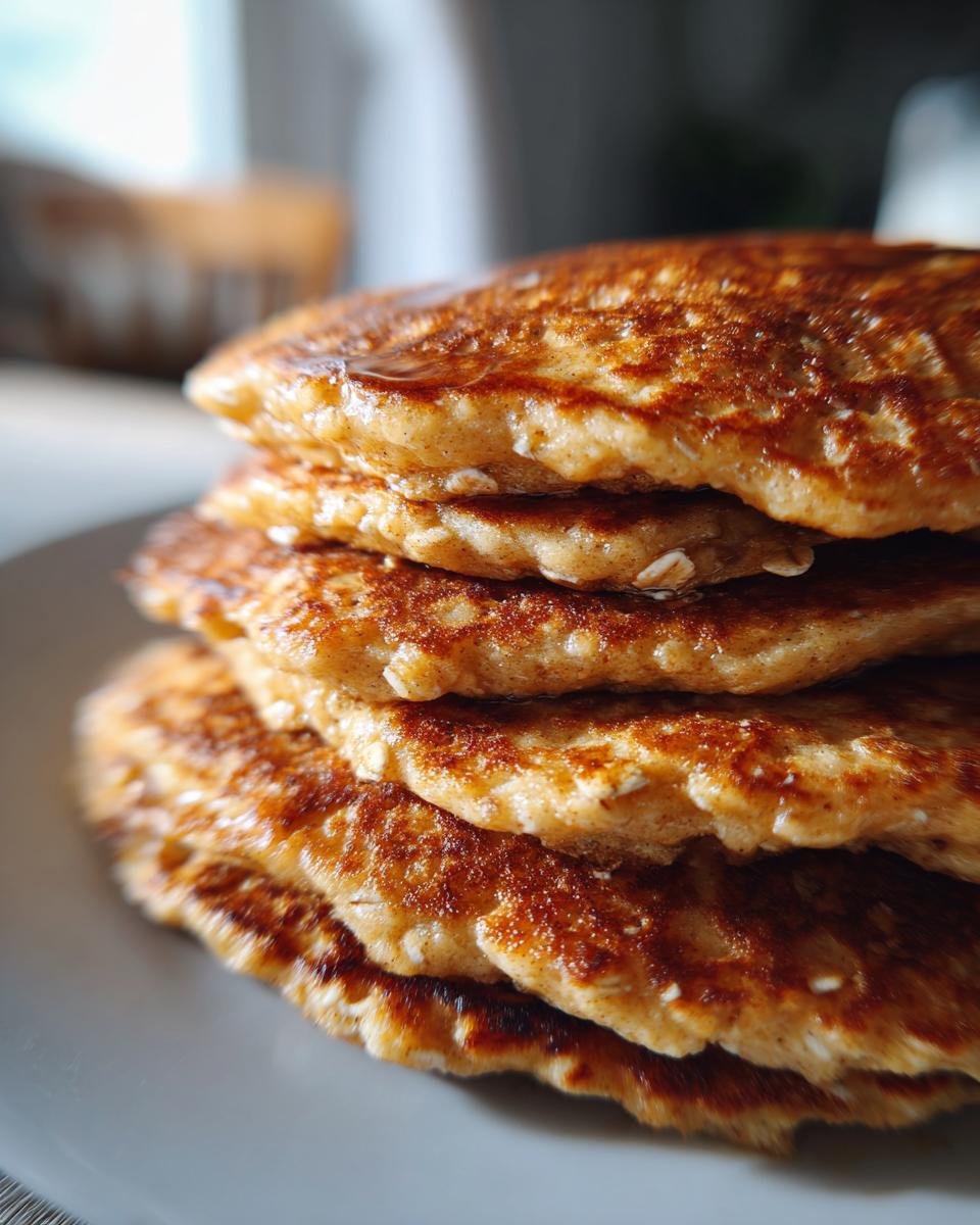 Close-up of a stack of golden-brown banana oat pancakes, drizzled with syrup.