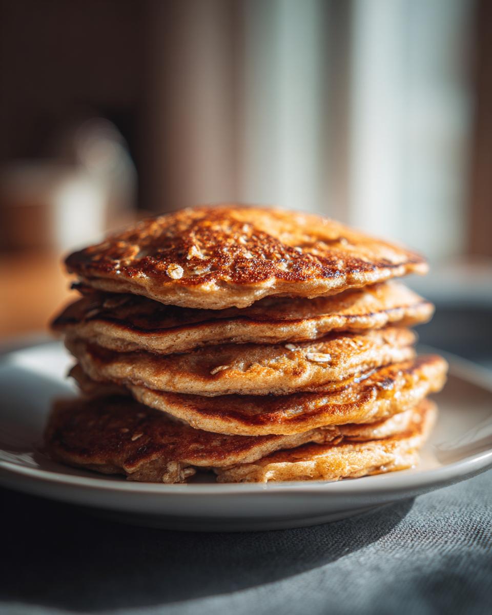 A stack of golden-brown banana oat pancakes on a white plate, showcasing their texture and fluffy appearance.