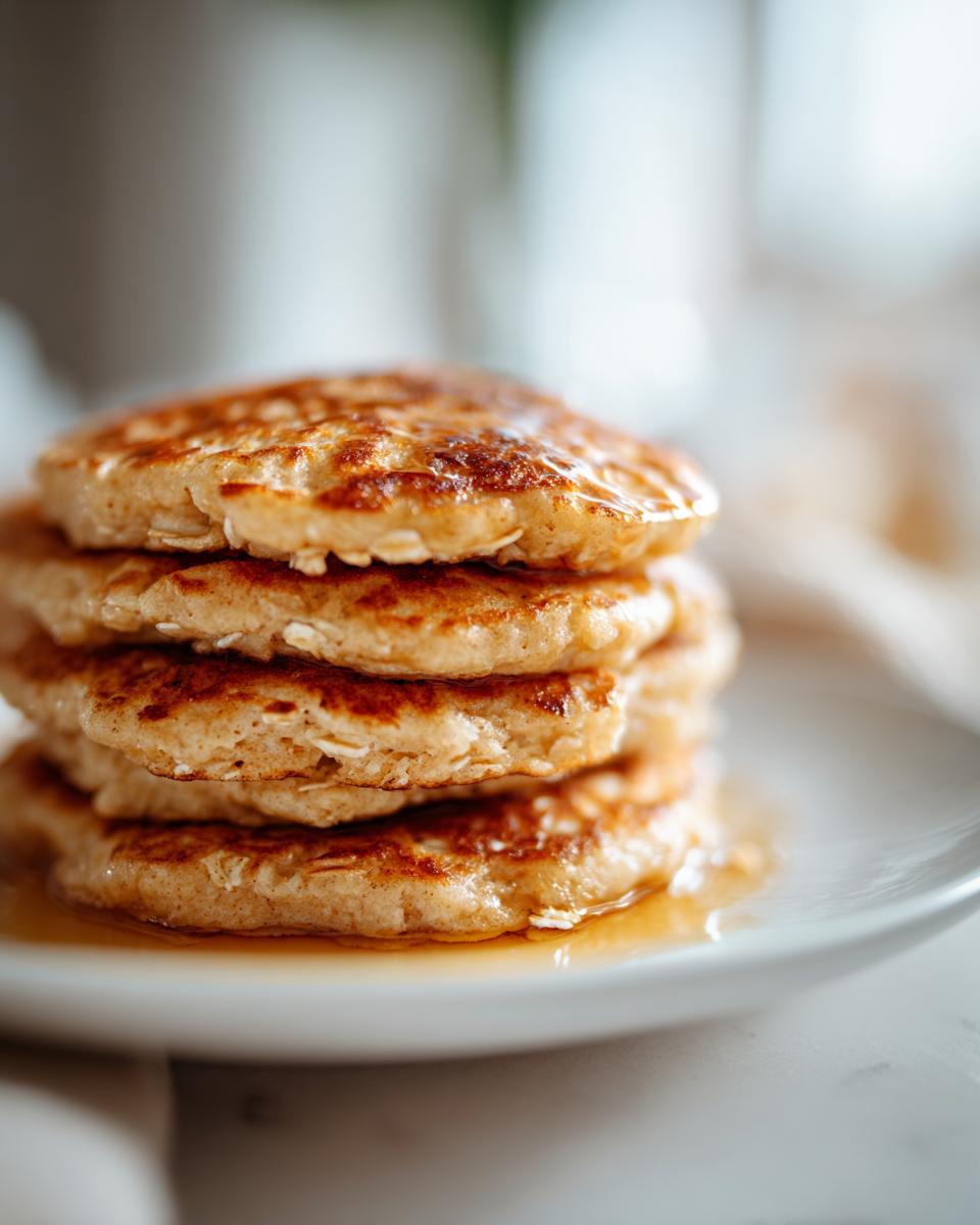 A stack of golden-brown banana oat pancakes drizzled with syrup on a white plate.