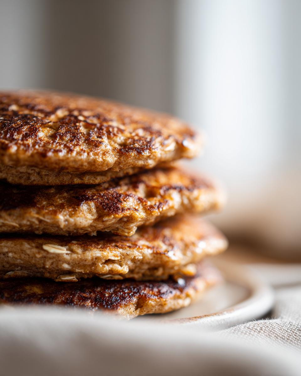 Close-up of a stack of fluffy banana oat pancakes, showcasing their golden-brown color and texture.