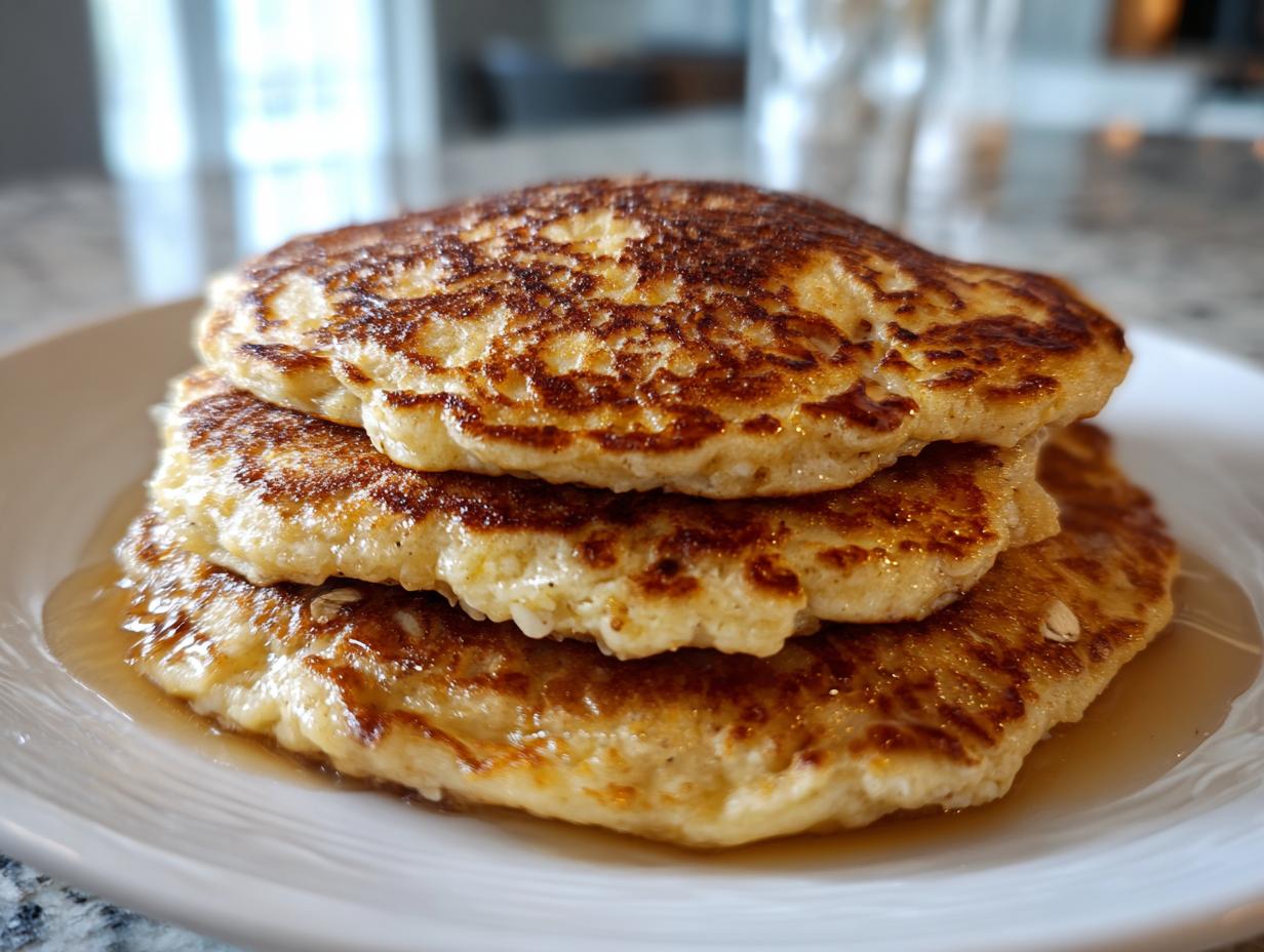 A close-up shot of a stack of three golden-brown banana oat pancakes drizzled with syrup.