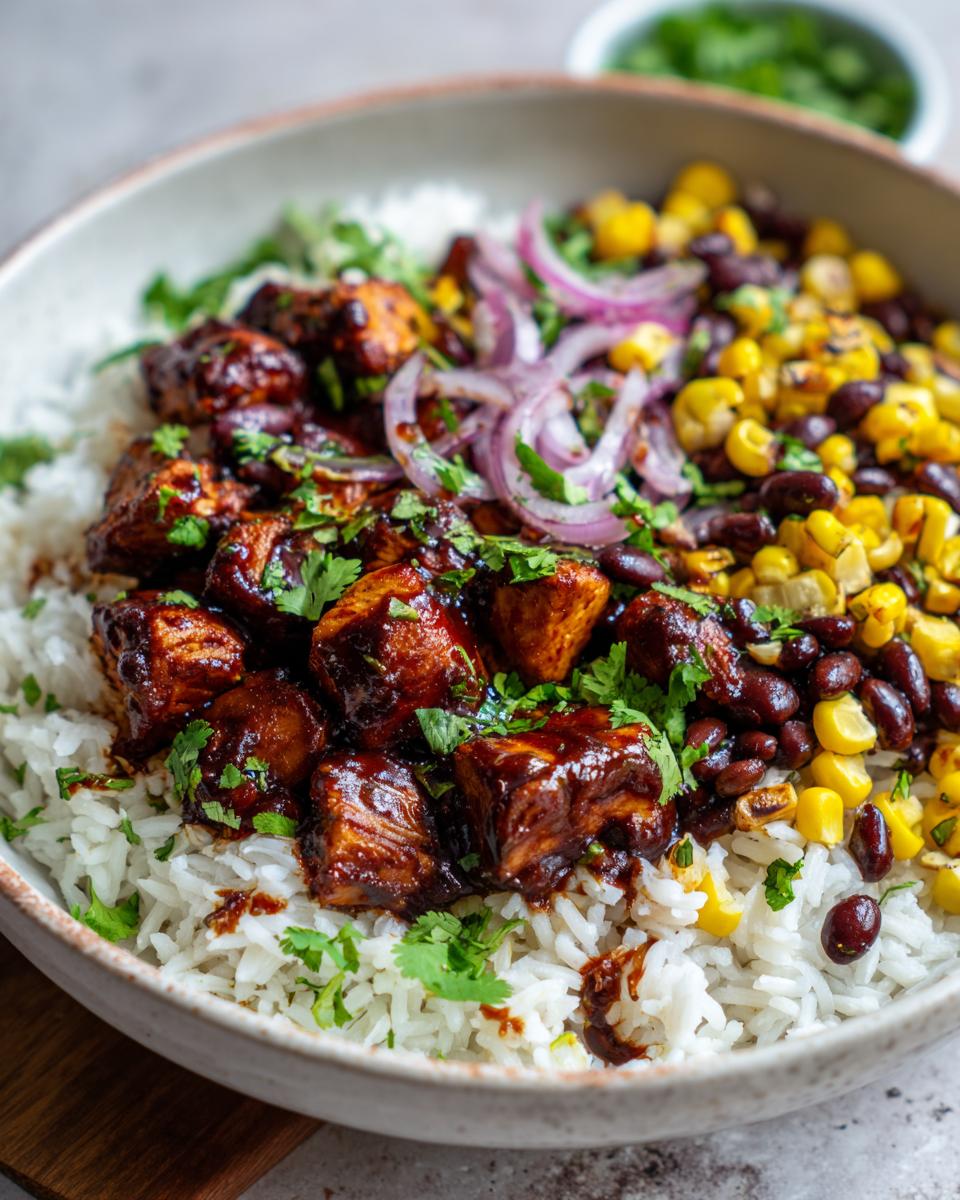 Close-up of a BBQ chicken bowl with rice, black beans, corn, red onion, and cilantro.