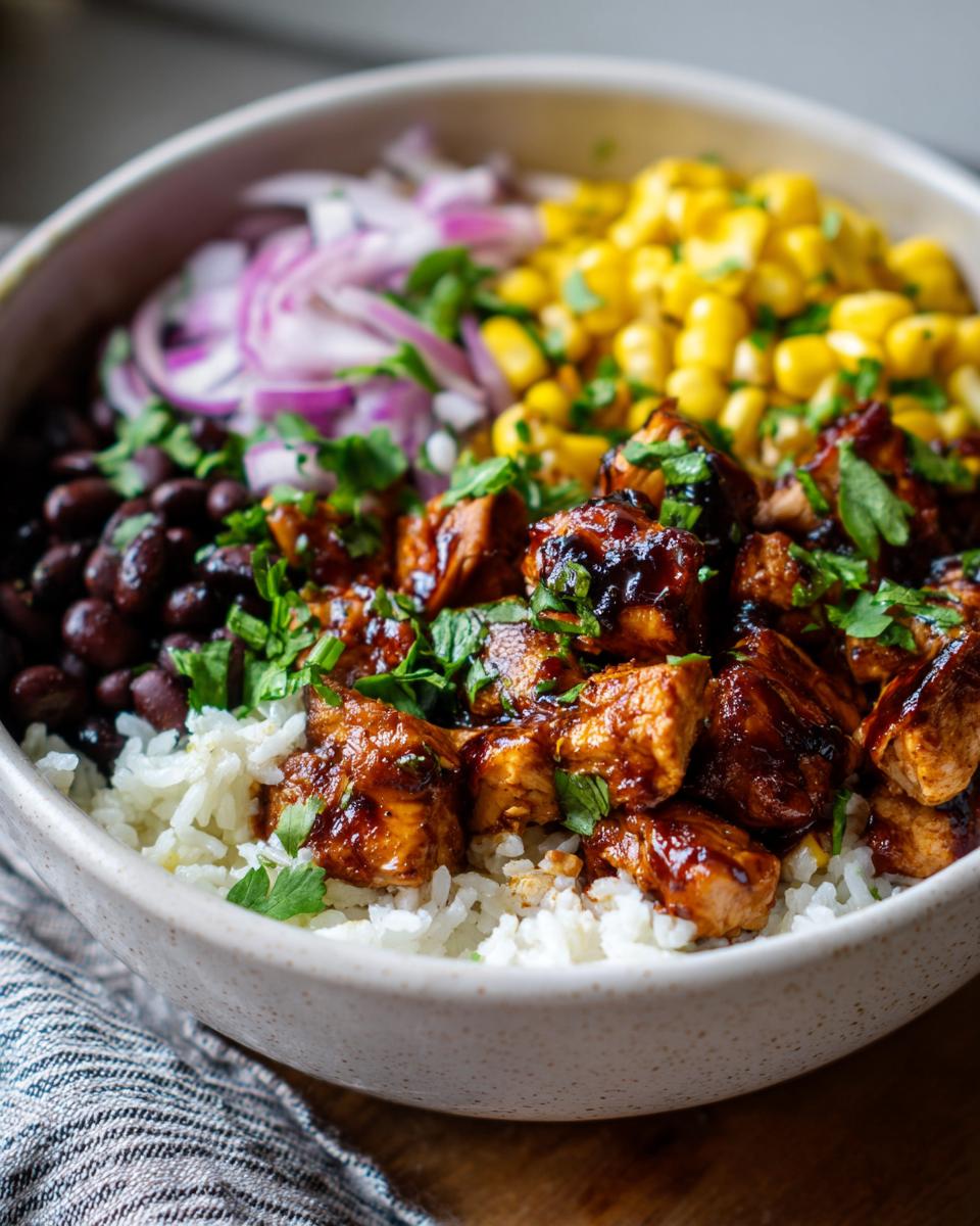 Close-up of a BBQ Chicken Bowl with rice, black beans, corn, red onion, and fresh parsley.