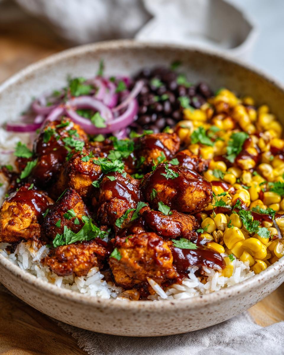 Close-up of a BBQ Chicken Bowl with rice, black beans, corn, red onions, and cilantro.