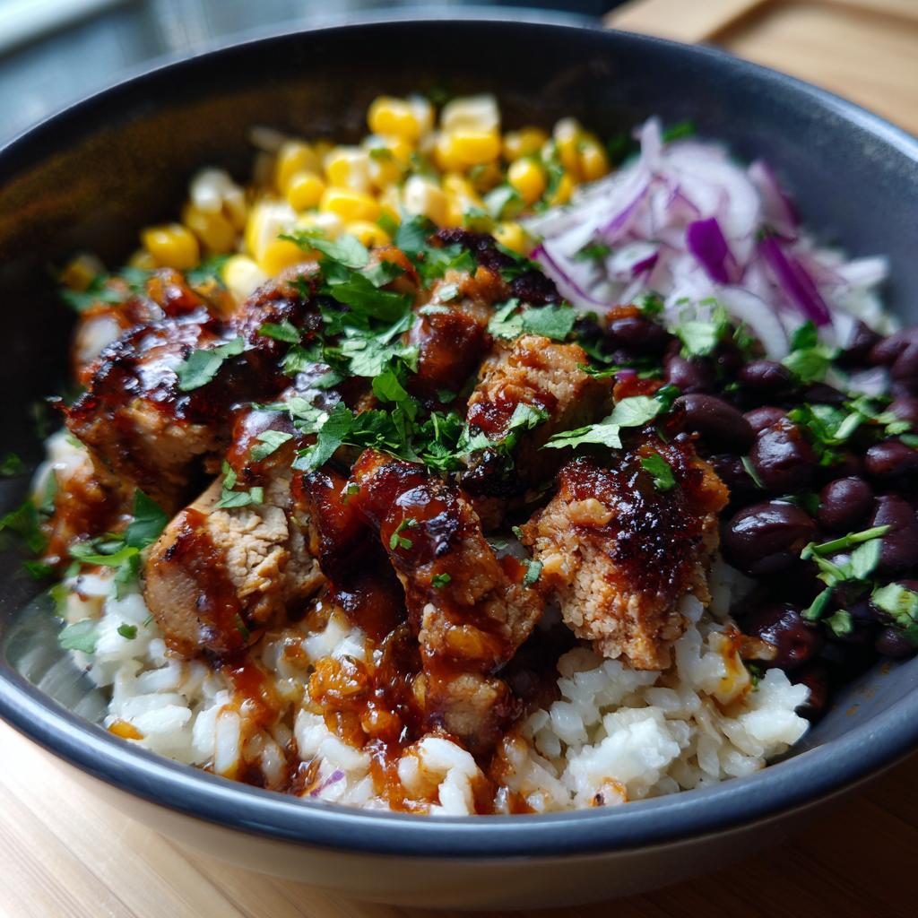 A close-up of a BBQ Chicken Bowl with rice, black beans, corn, red onion, and chopped parsley.