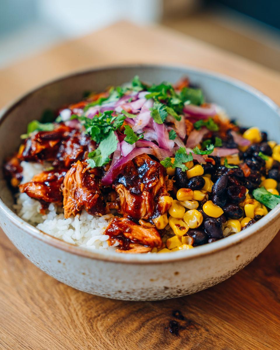 A close-up of a BBQ Chicken Bowl with rice, shredded chicken in BBQ sauce, black beans, corn, and red onions topped with cilantro.