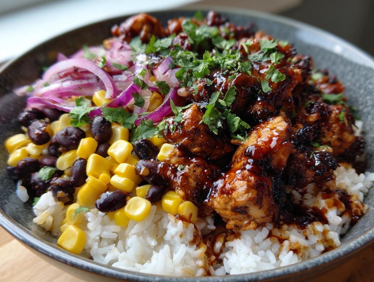 Close-up of a delicious BBQ chicken bowl with rice, black beans, corn, red onion, and cilantro.