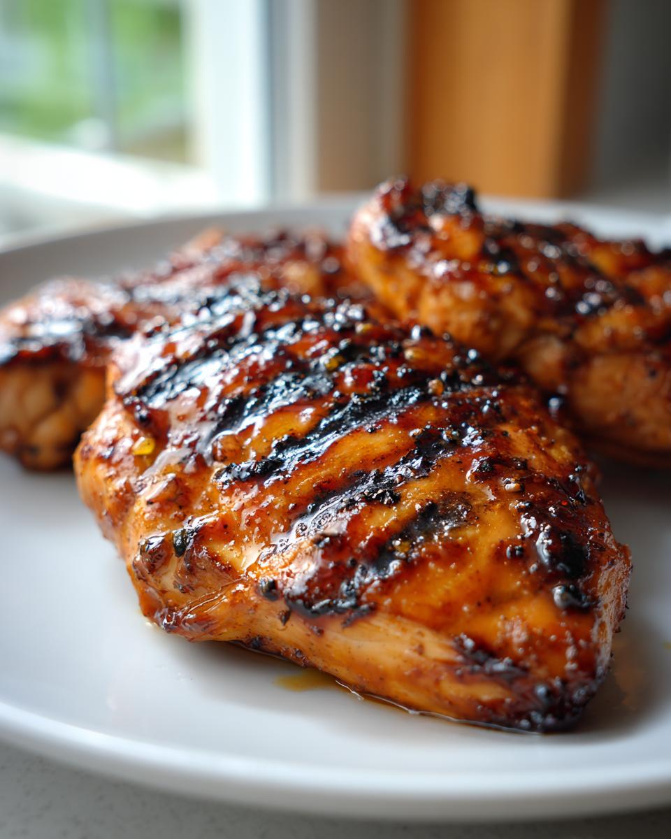 Close-up of juicy BBQ pineapple chicken breast with grill marks, perfect for summer grilling recipes.