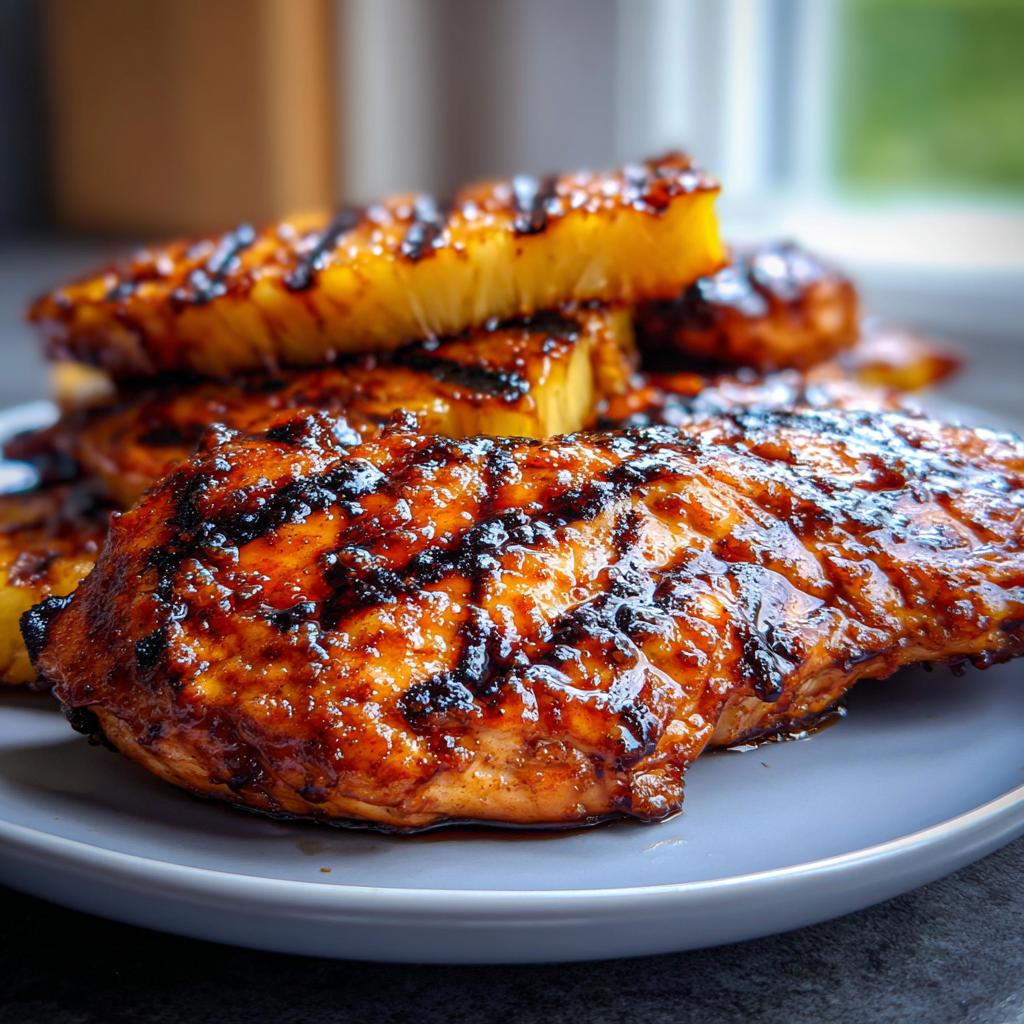 Close-up of grilled chicken breast with BBQ pineapple, showcasing grill marks and a glossy glaze.