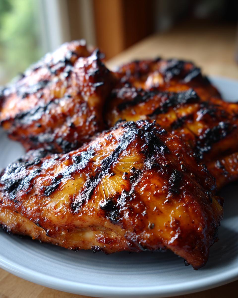 Close-up of juicy, grilled BBQ Pineapple Chicken pieces with char marks on a plate.