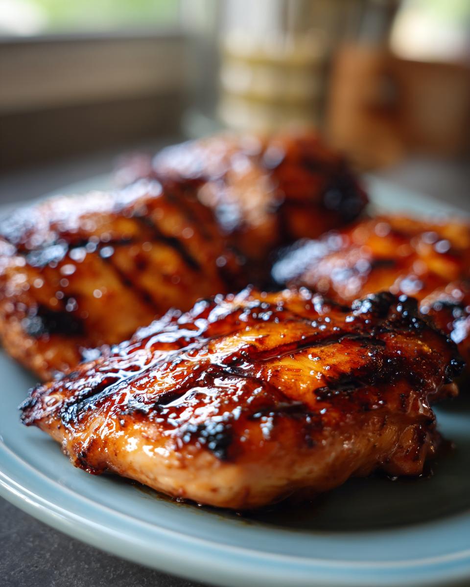 Close-up of juicy BBQ Pineapple Chicken breasts with grill marks, glazed and glistening on a plate.