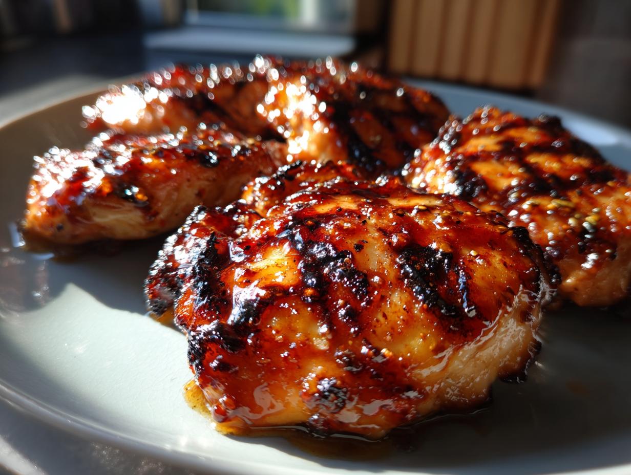 Close-up of juicy BBQ Pineapple Chicken pieces with grill marks, glazed and glistening.