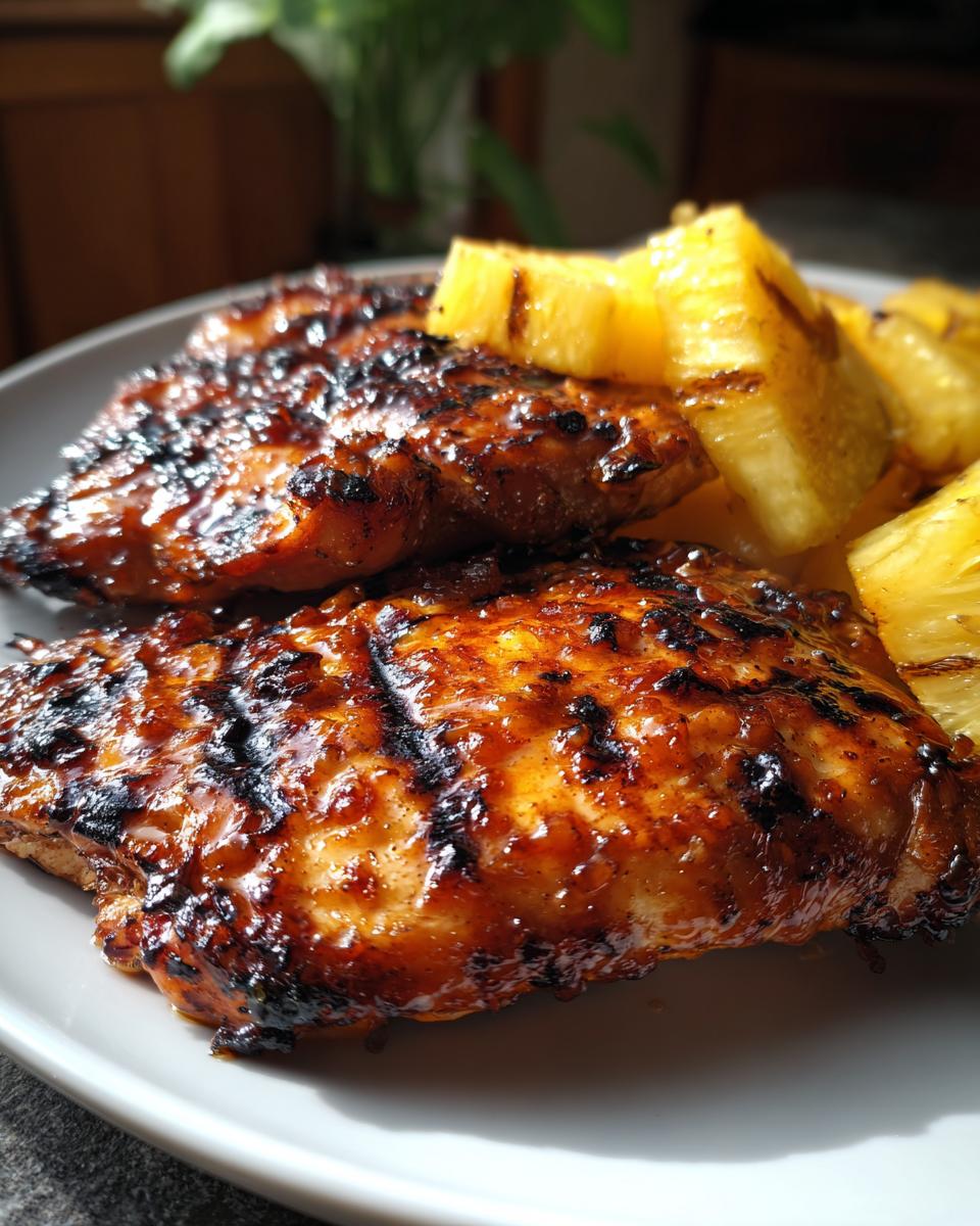 Close-up of juicy BBQ Pineapple Chicken pieces with grill marks, served with grilled pineapple chunks.