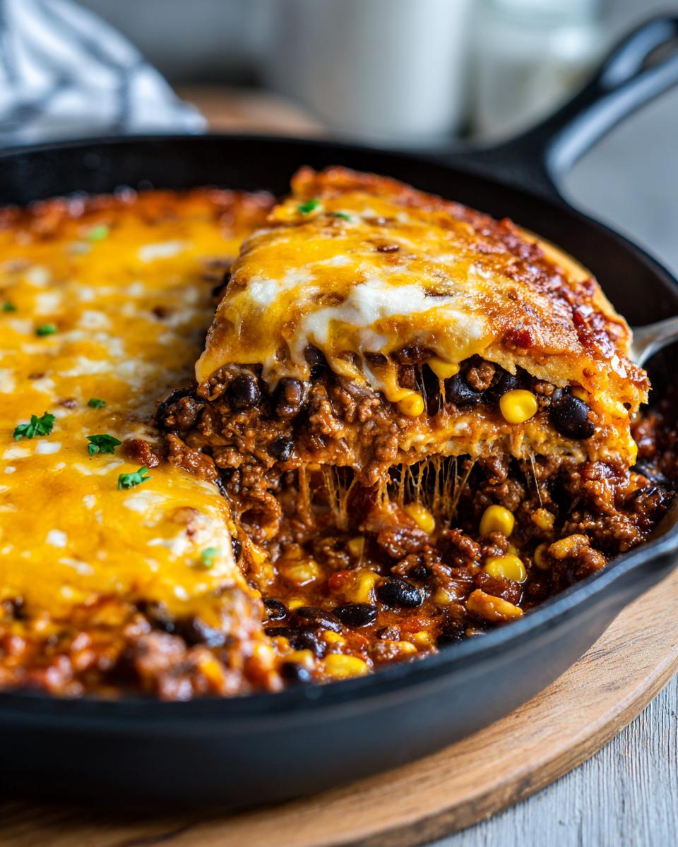 A slice being lifted from a Beef Taco Skillet, showing layers of ground beef, black beans, corn, and melted cheese.